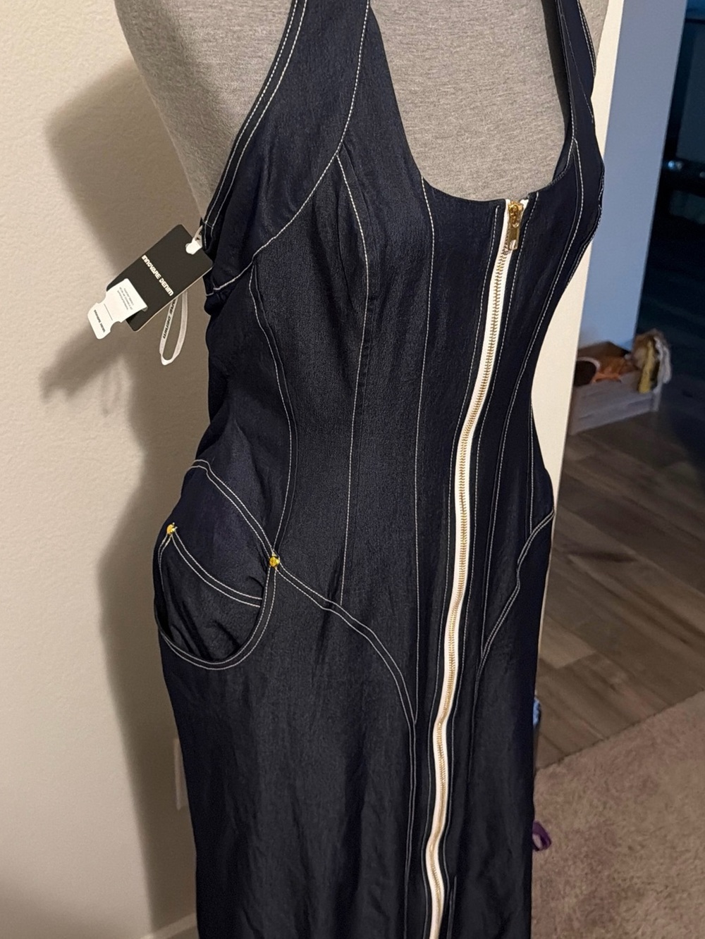 Dark Blue Denim Zip-Front Halter Overalls Dress - Picture 2 of 8
